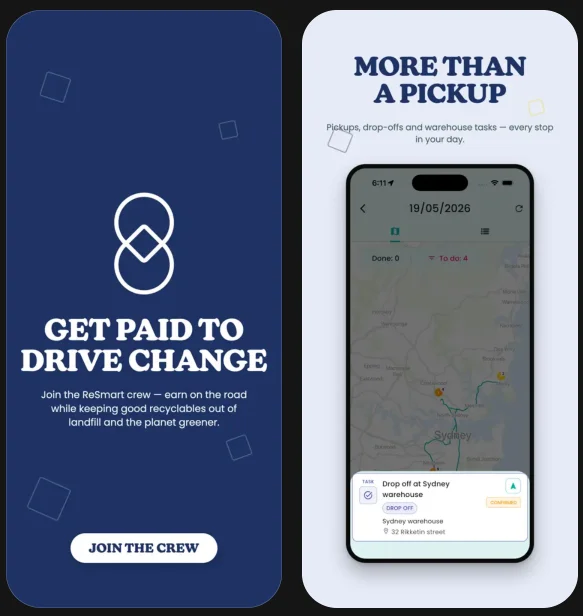 ReSmart Crew driver app screens: Get paid to drive change, and More than a pickup