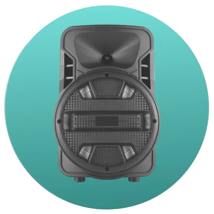 Black portable speaker with a round front grill