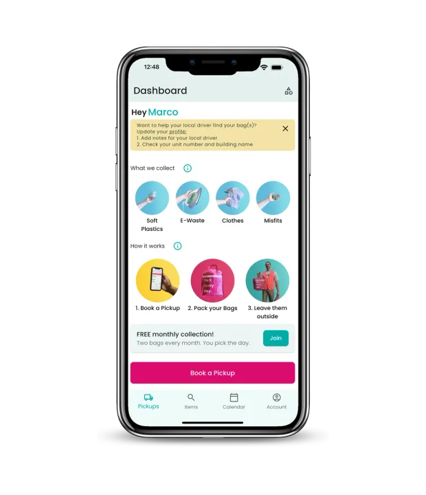 ReSmart app dashboard with the Book a Pickup button