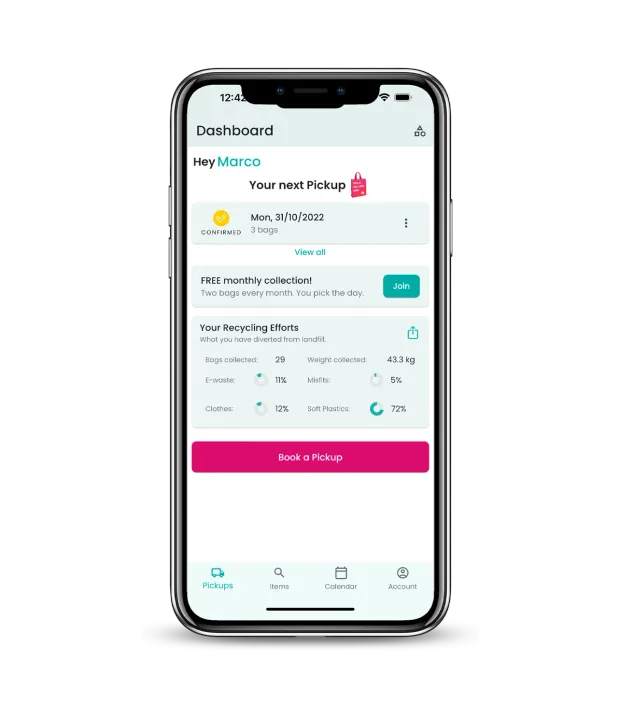 ReSmart app dashboard showing your next pickup and recycling efforts