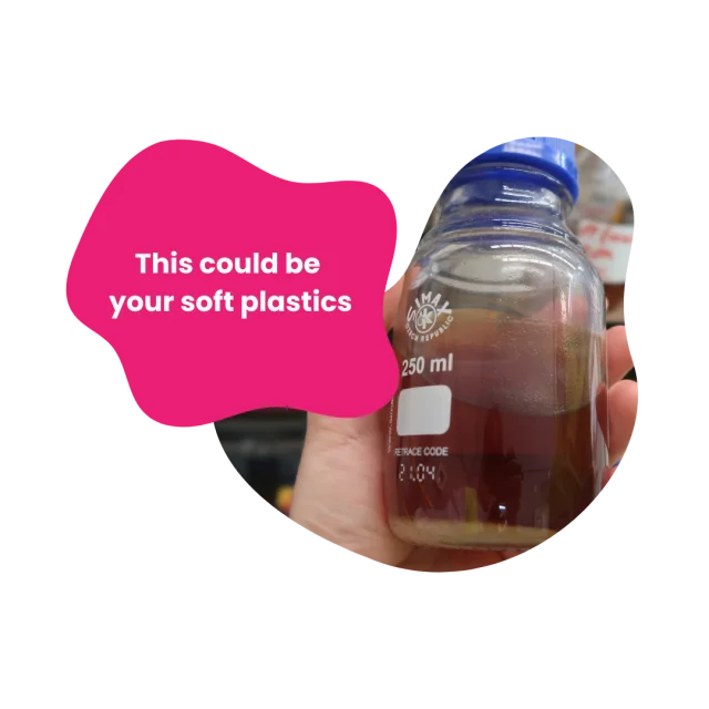A jar of recycled oil in a blob with the label “This could be your soft plastics”