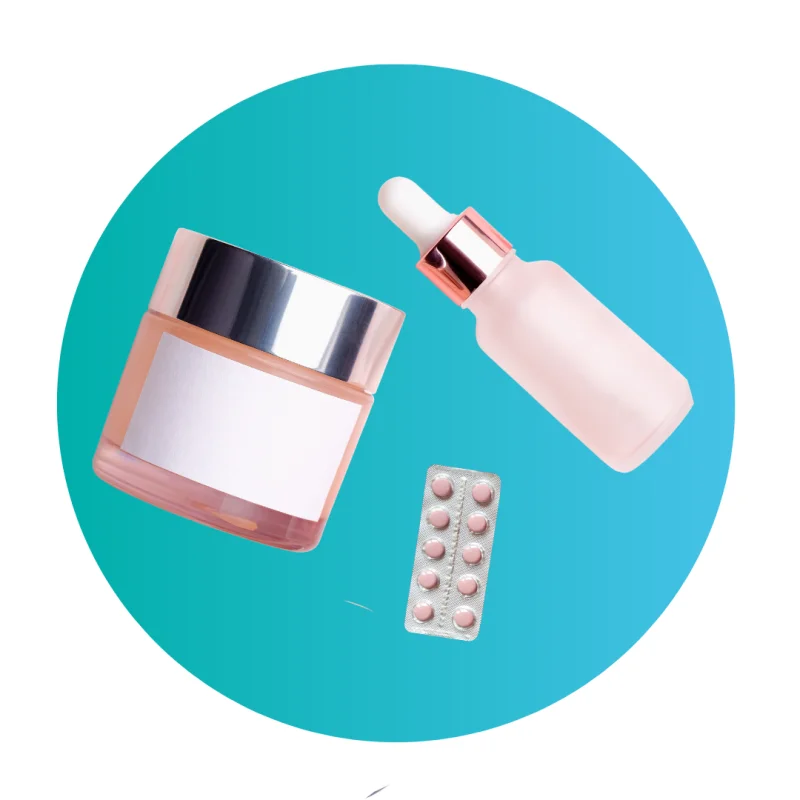 Skincare jar, dropper bottle and a blister pack