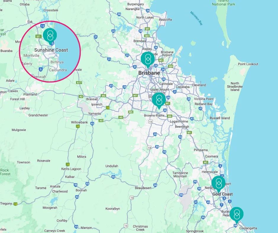 Map of Brisbane, the Sunshine Coast and Gold Coast with pickup location markers
