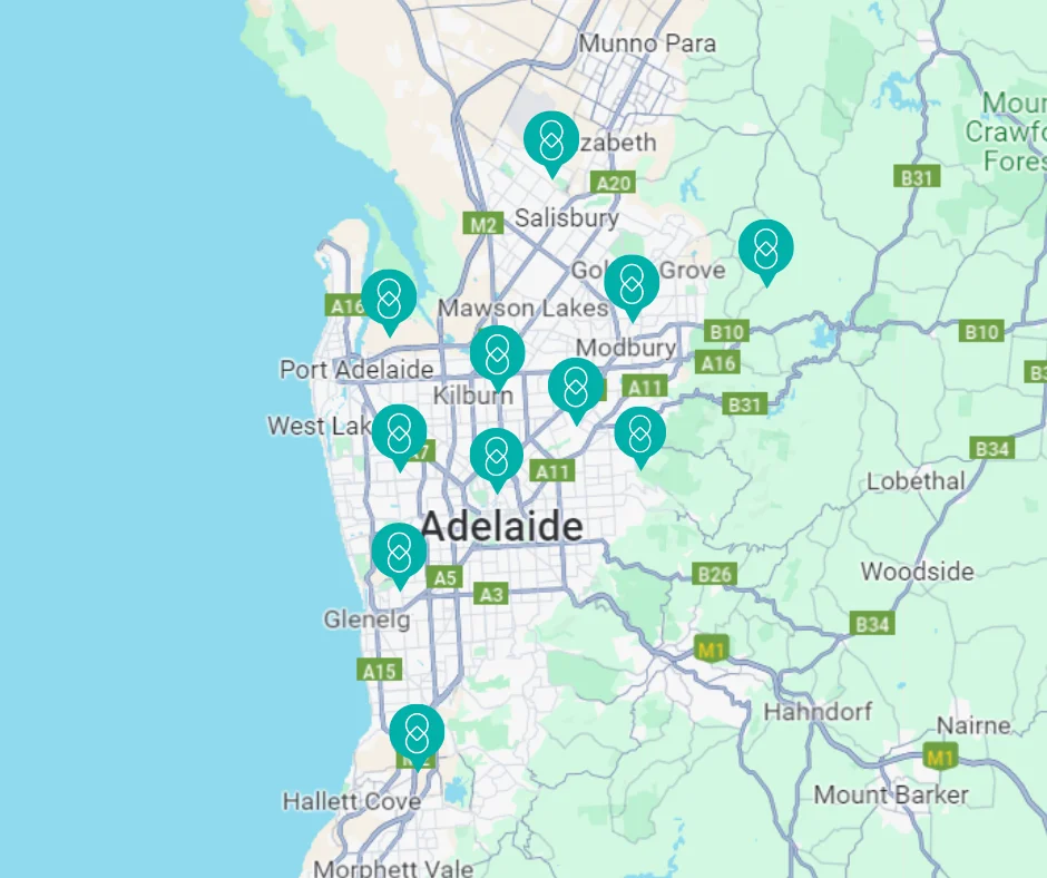 Map of Adelaide with pickup location markers across the city and surrounding areas