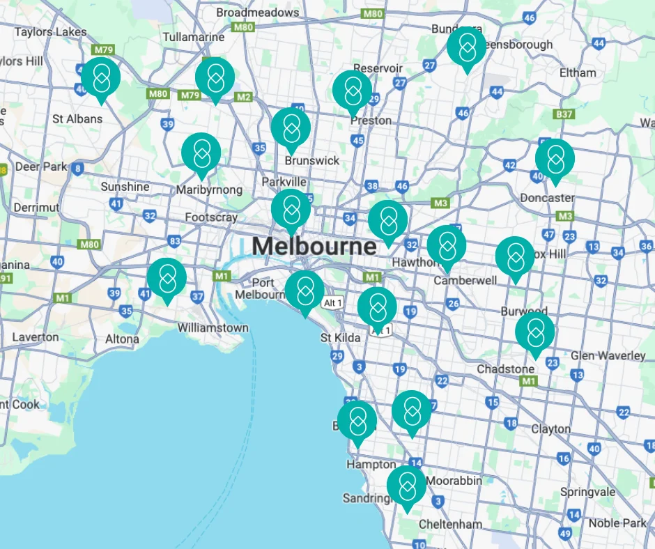 Map of Melbourne with pickup location markers across the city and suburbs