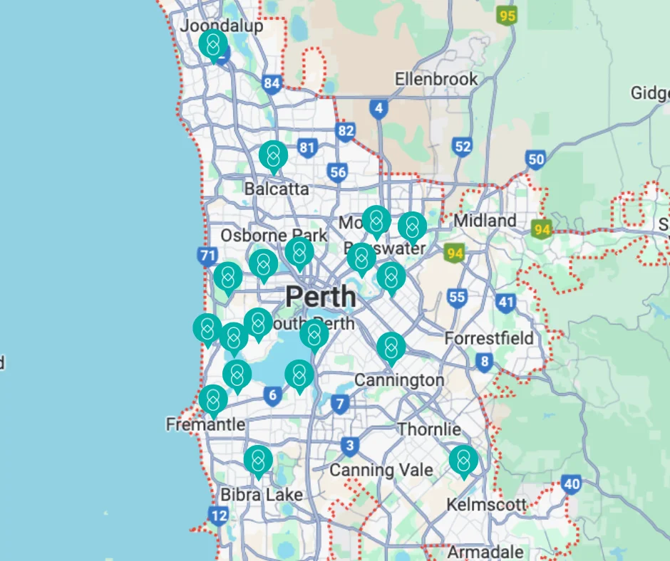 Map of Perth, Western Australia, with pickup location markers